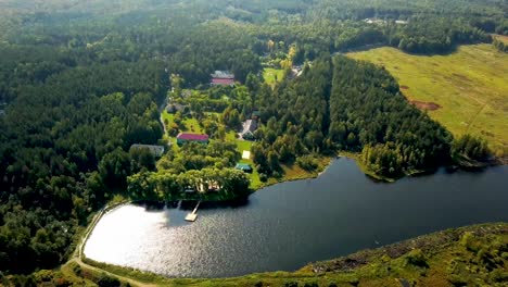 aerial view of a lakeside resort in a forest