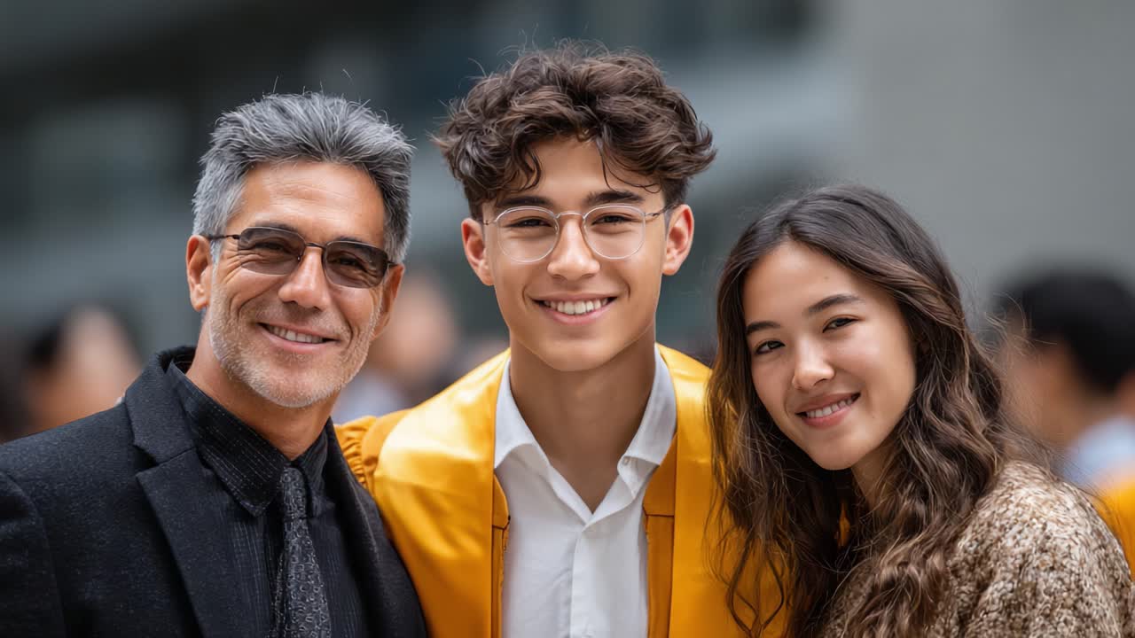 Uma Celebração de Formatura Orgulhosa: Um Jovem Formando Sorrindo com Familiares em Trajes de Formatura em uma Cerimônia Marcante