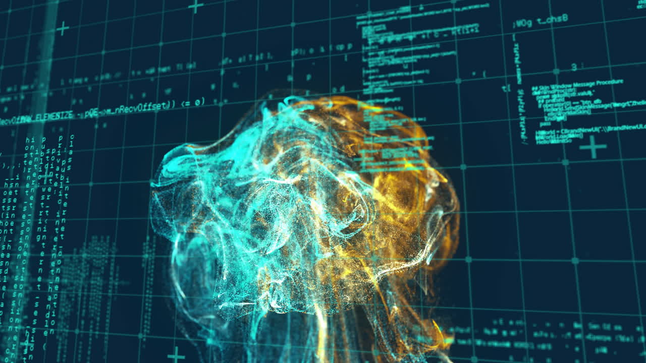 Animation of shapes with light spots over data processing on black background