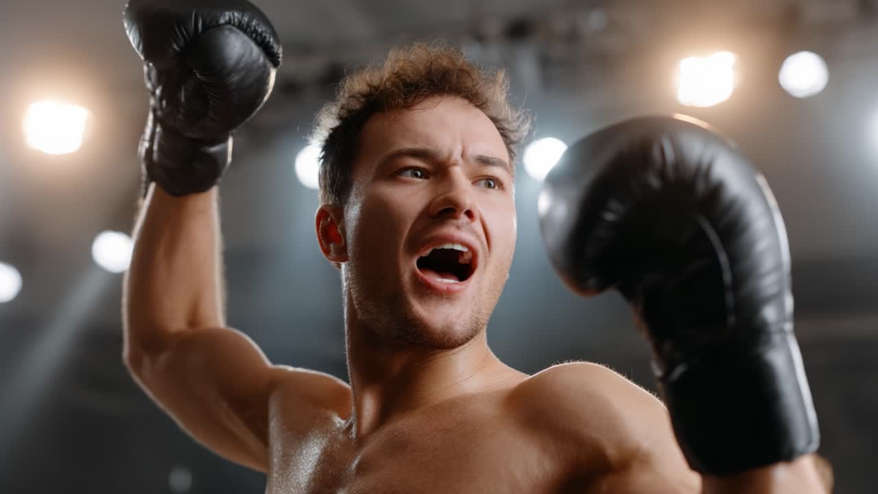 A victorious boxer celebrating triumph in the ring, showcasing determination and strength, as the spotlight shines brightly highlighting his athletic prowess