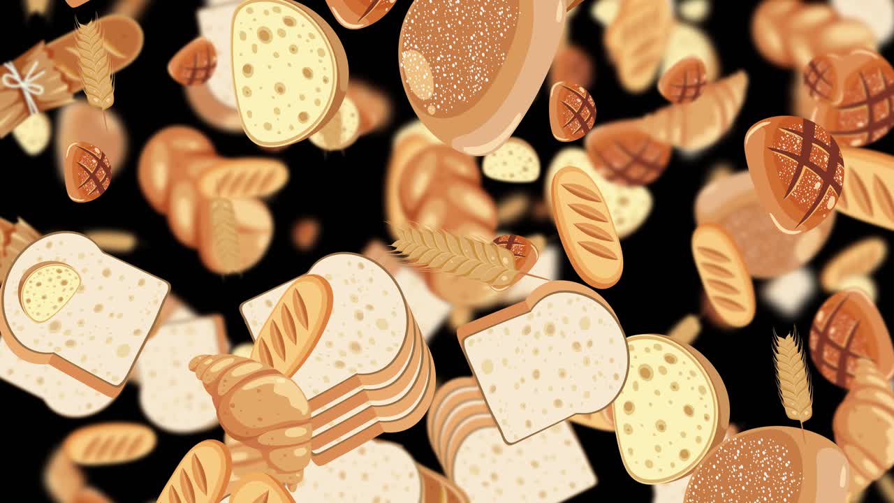 Various breads falling against a dark background