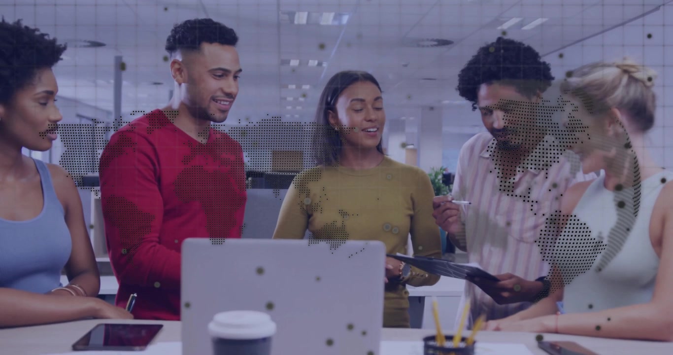 man in red sweater pointing at laptop, leading colleagues reviewing phone for business teamwork