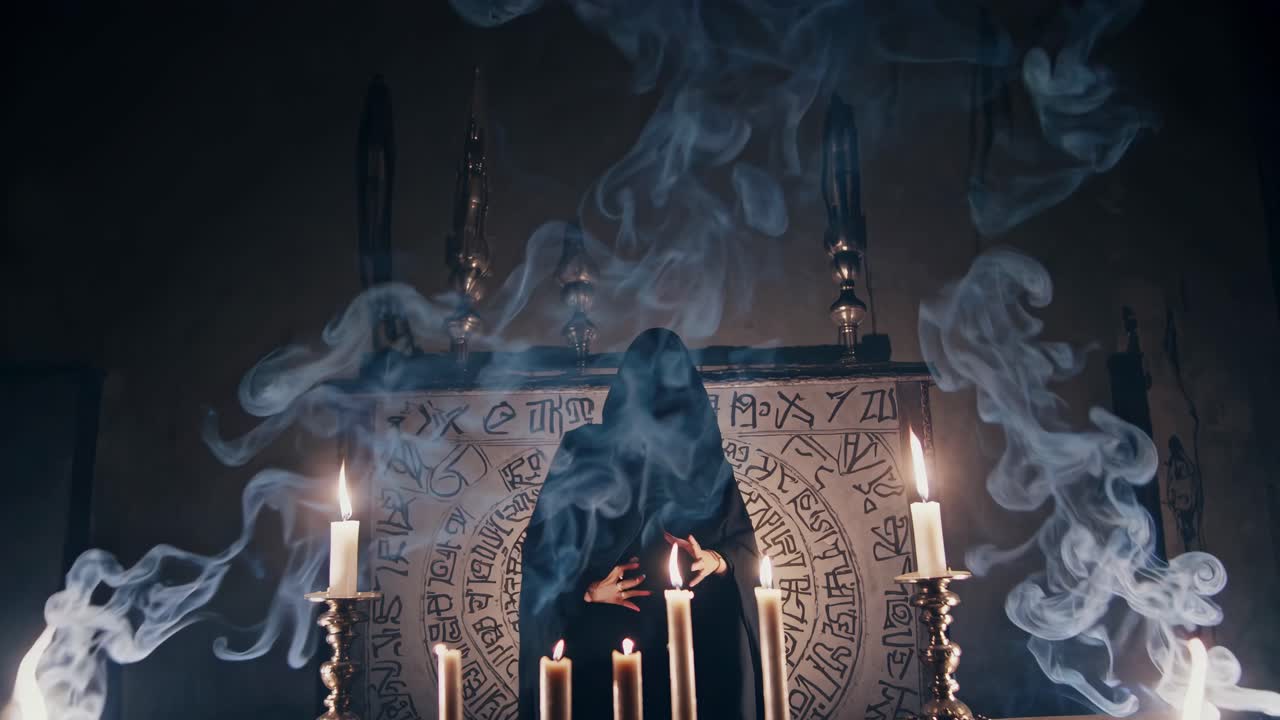 Mystical video scene with a cloaked figure surrounded by candles and smoke, captured from a low