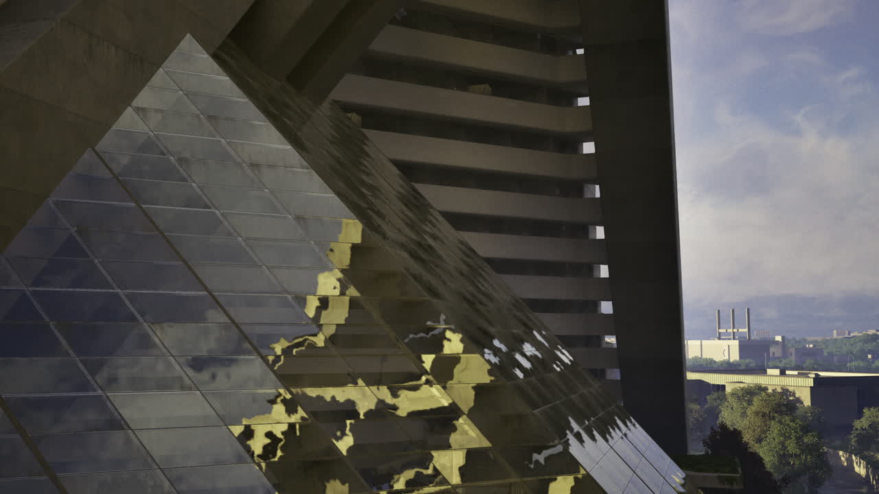 Modern architecture showcases reflective surfaces in urban environment