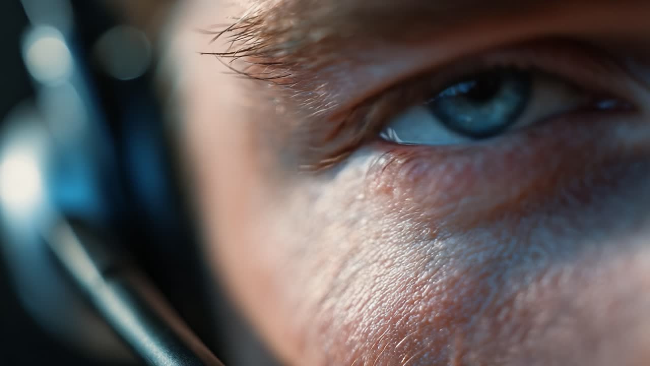 Close-up of a Person's Eye with Headset, Capturing Intense Focus and Engagement, Transitioning from Alertness to Relaxation in a Communication Setting