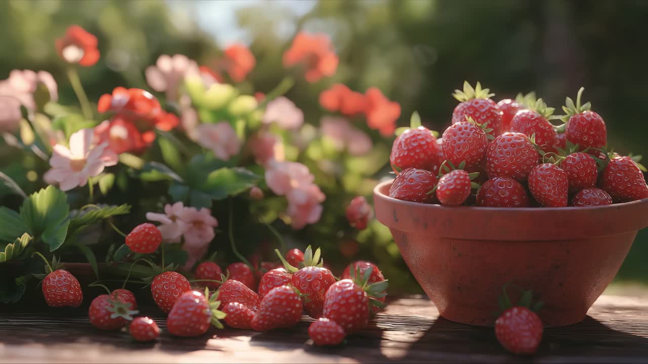 Strawberries are artfully displayed in a rustic bowl, with scattered berries and colorful flowers, capturing the beauty of nature and the joy of harvest in a serene garden setting