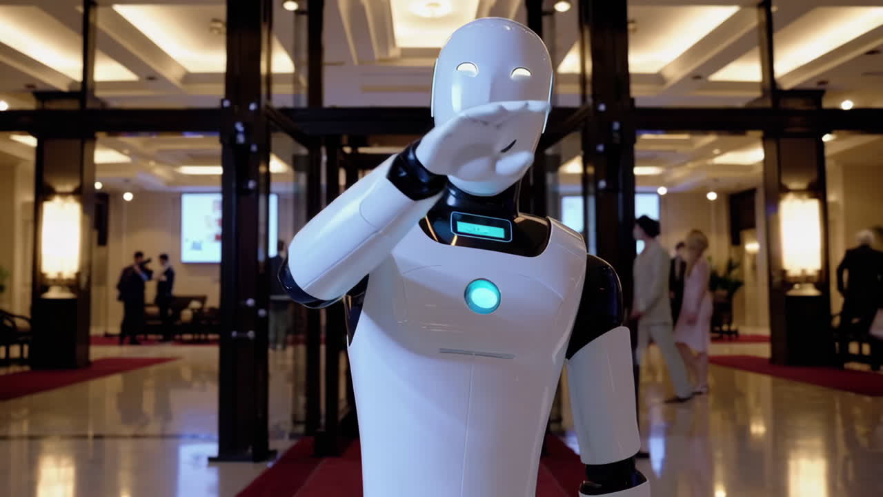 Robot Receptionist in a Modern Hotel Lobby