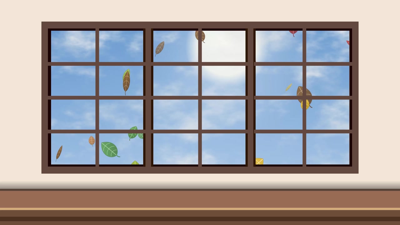 Animated colorful autumn leaves fall past a large window against a bright blue sky.