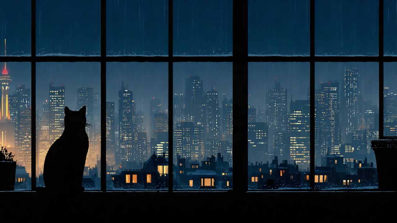 A contemplative cat gazing out at a rainy city skyline through a large window, capturing the serene beauty of a nighttime urban landscape framed by droplets of rain
