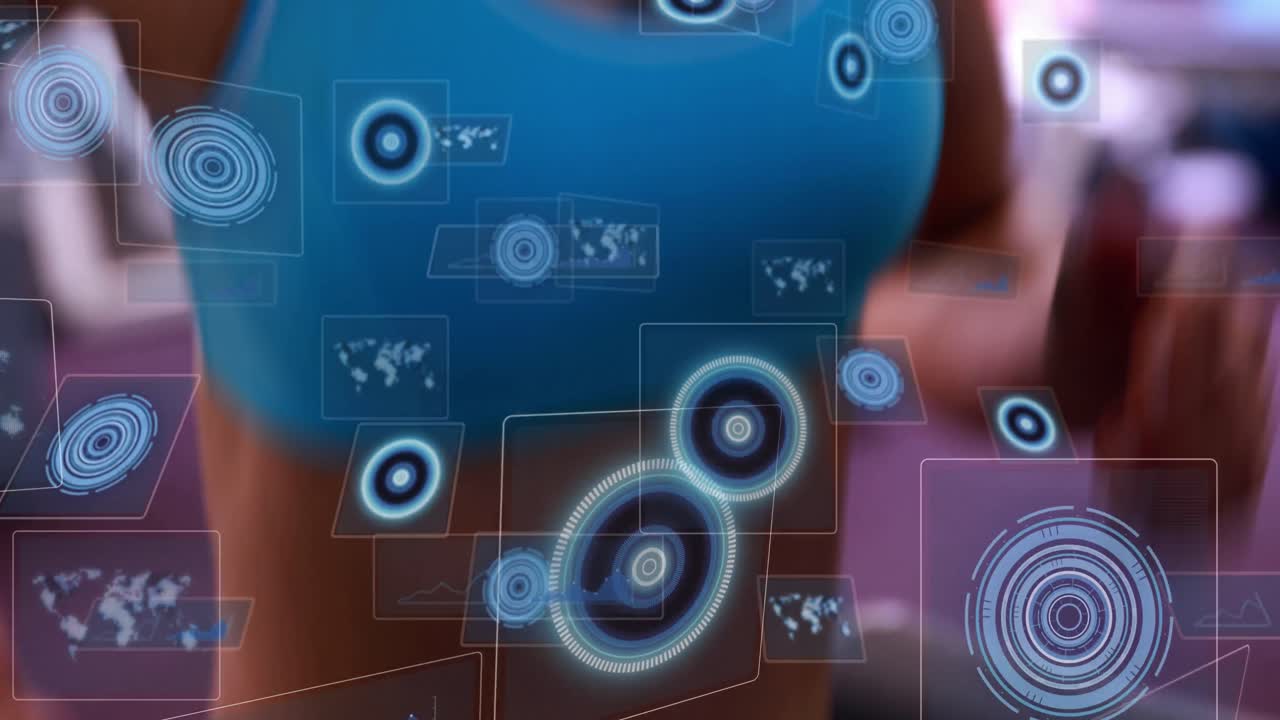 Animation of data processing over woman running on treadmill, exercising in gym