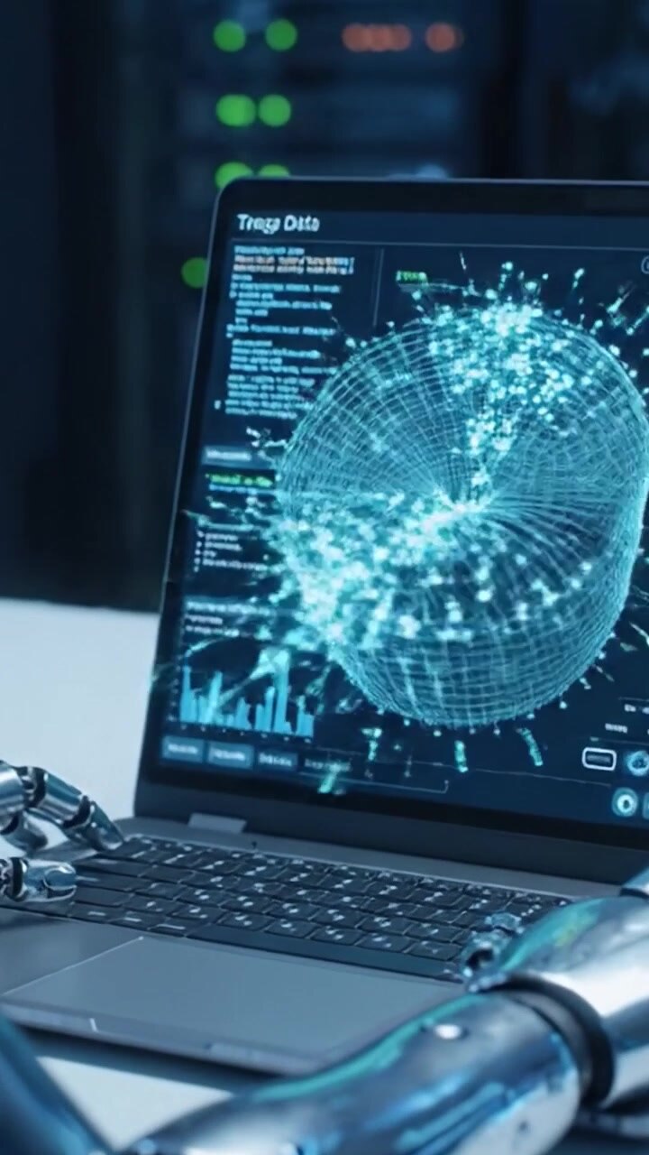 A Futuristic Robotic Arm Interacting with Advanced Data Analytics on a Computer Screen in a High-Tech Environment, Showcasing the Intersection of Technology and Artificial Intelligence
