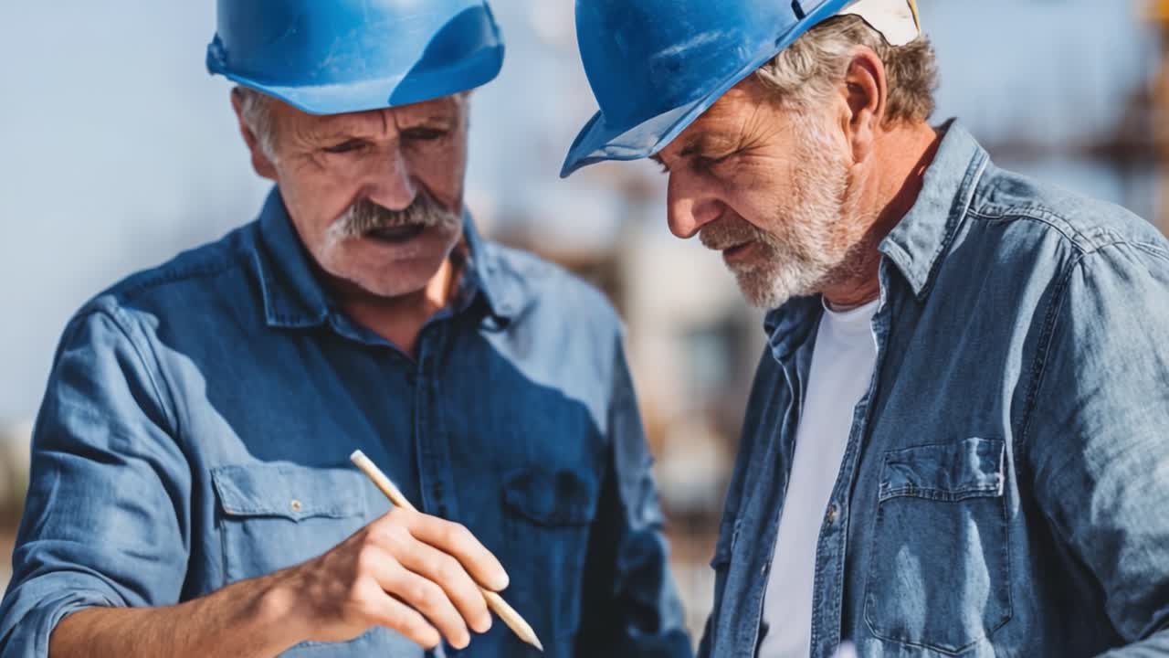Construction workers discussing plans on a building site, showcasing teamwork, experience, and the importance of collaboration in achieving construction goals