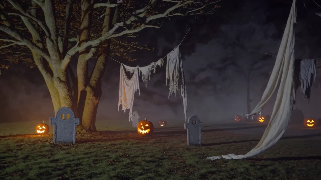 Eerie Halloween scene with glowing jack-o'-lanterns, ghostly decorations, and fog enveloping a graveyard, creating a haunting atmosphere of seasonal celebration and mystery