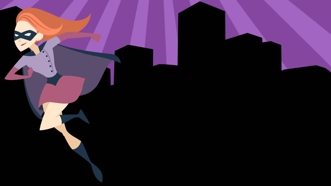 animación de superhéroe femenina y ciudad sobre líneas azules