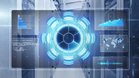 animation of data processing with scope scanning over server room