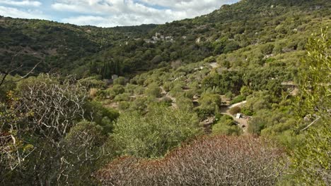 Old-Italian-town-in-beautiful-valley-covered-in-green-forest,-tilting-up-view