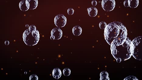 Animation-of-bubbles-and-glowing-orange-spots-floating-against-red-background