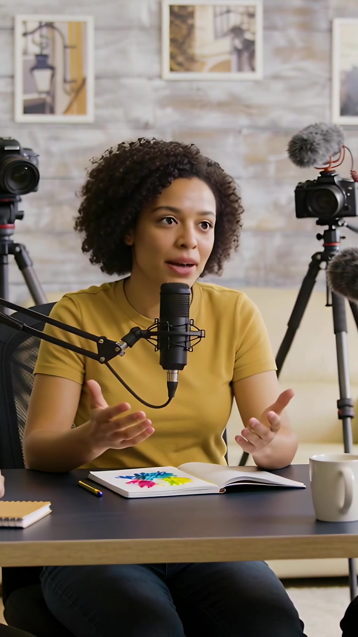 Vertical video: Recording starting, mustard-tee host speaking into mic in podcast studio, gesturing