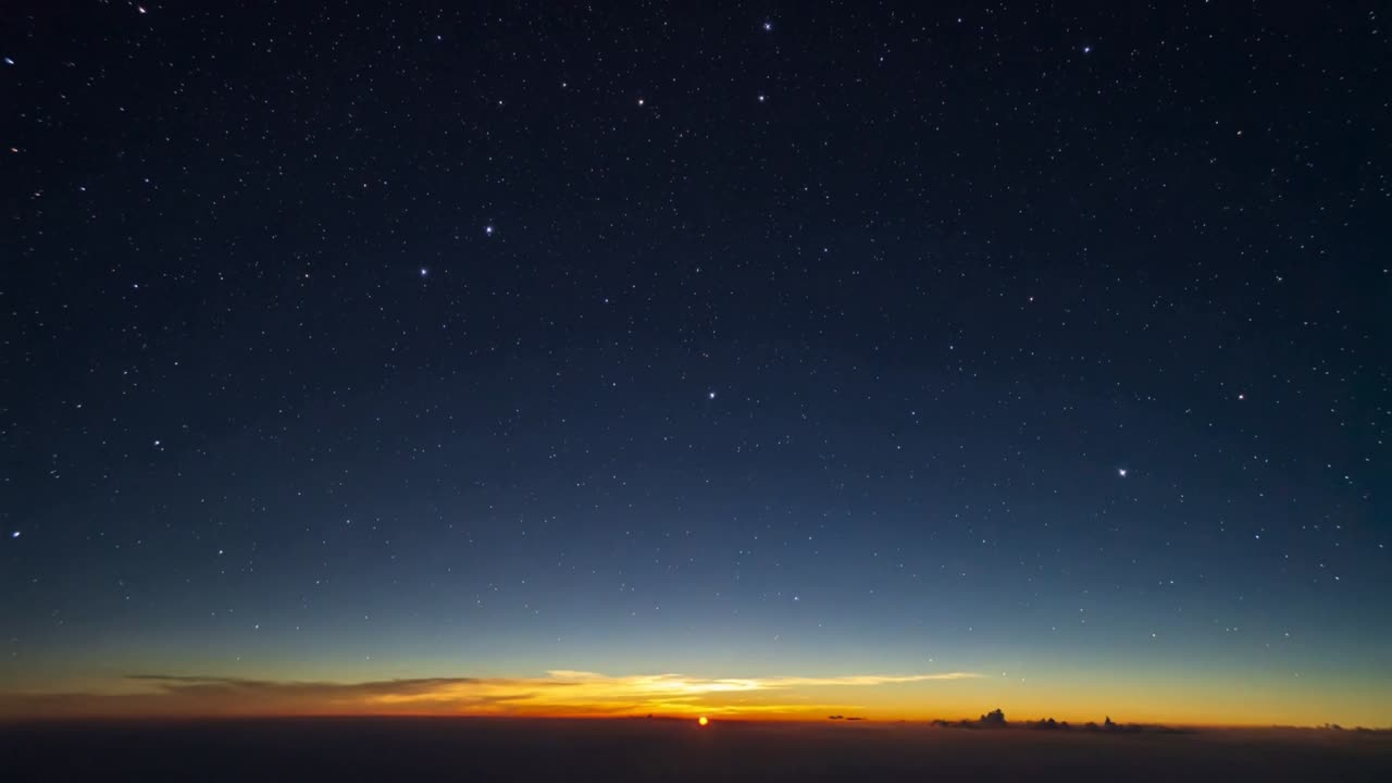Soloppgang bryter horisonten og lyser opp fjellhimmelen, avslører stjerner, skylag og linseskinn.