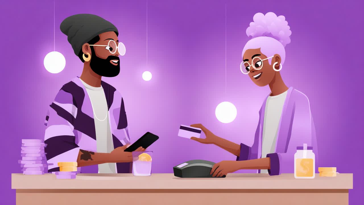A cheerful transaction between a customer and a cashier in a stylish, purple-themed setting, showcasing contemporary payment methods and a friendly atmosphere