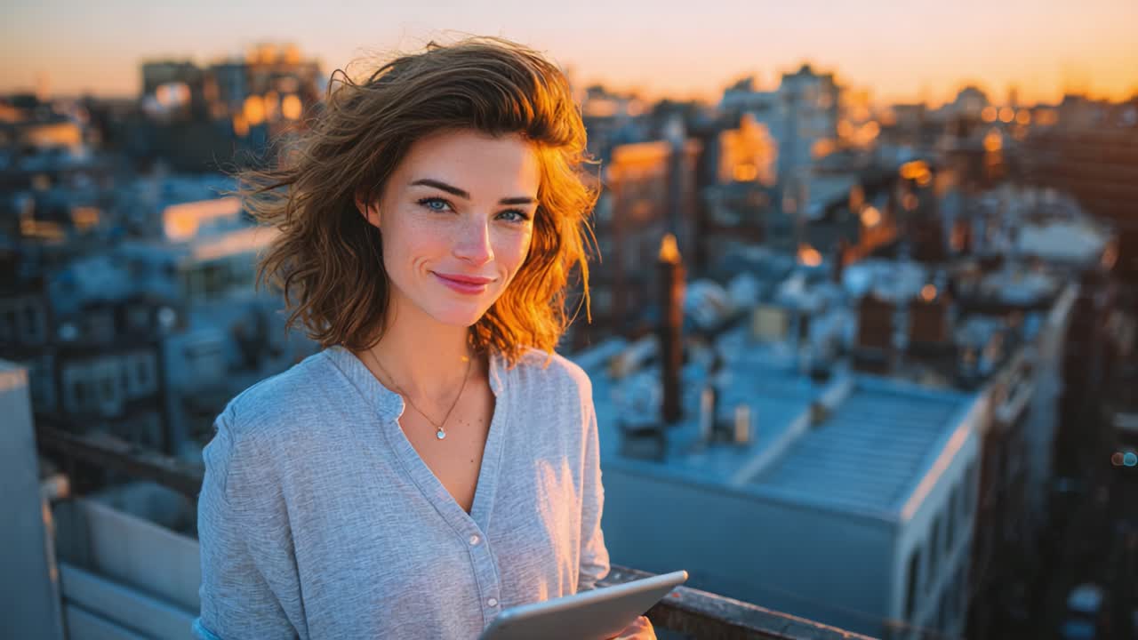 A Woman Enjoying a Beautiful Sunset View Over a Cityscape While Holding a Tablet, Capturing the Golden Hour's Warm Glow and Texture in the Urban Atmosphere