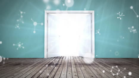 open double doors casting backlight onto wooden floor, featuring molecular network icons