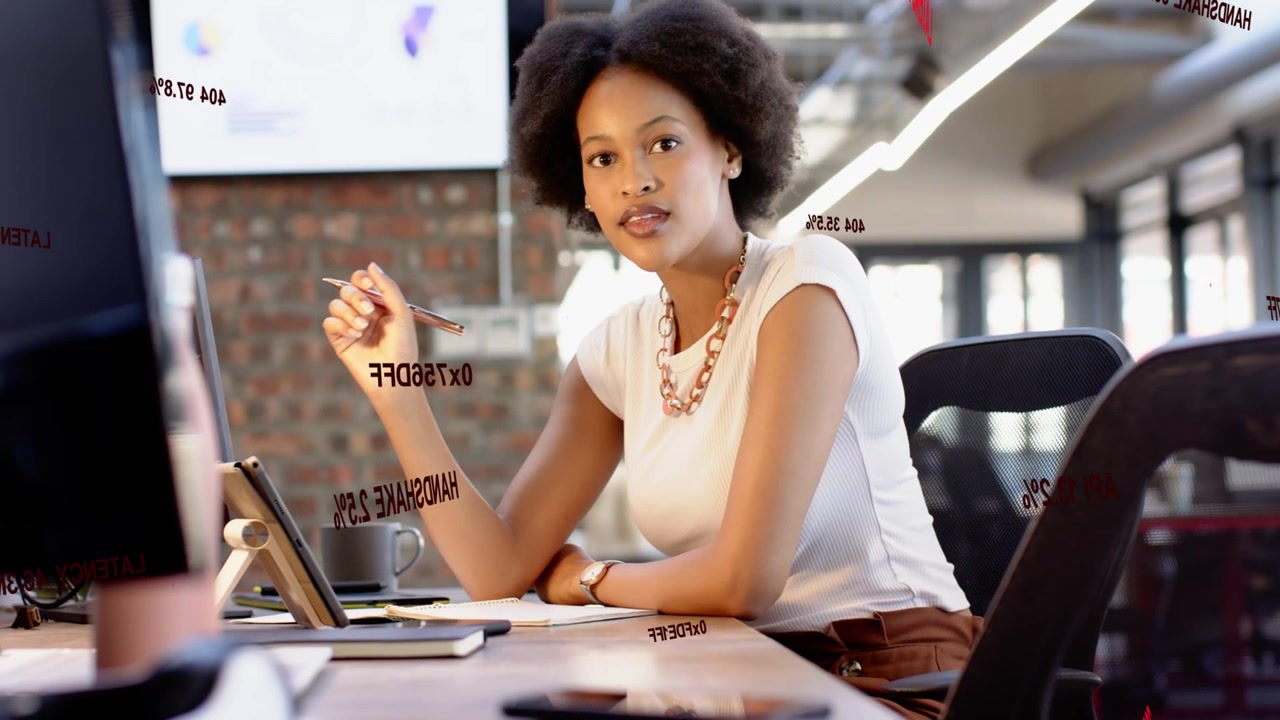 Woman leaning at tablet showing red overlay, checking watch, jotting notes, analyzing business data