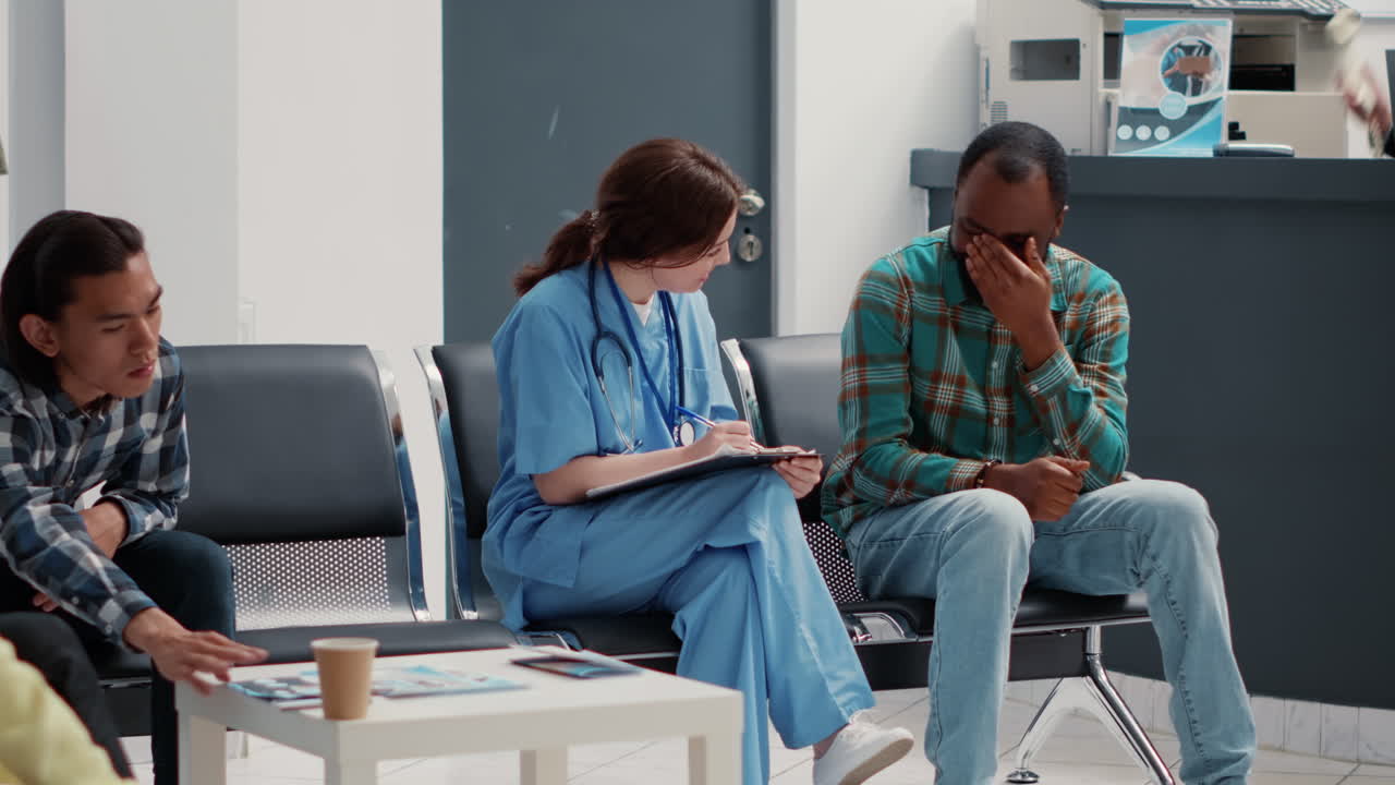 Patients waiting in a medical facility, attended by a nurse