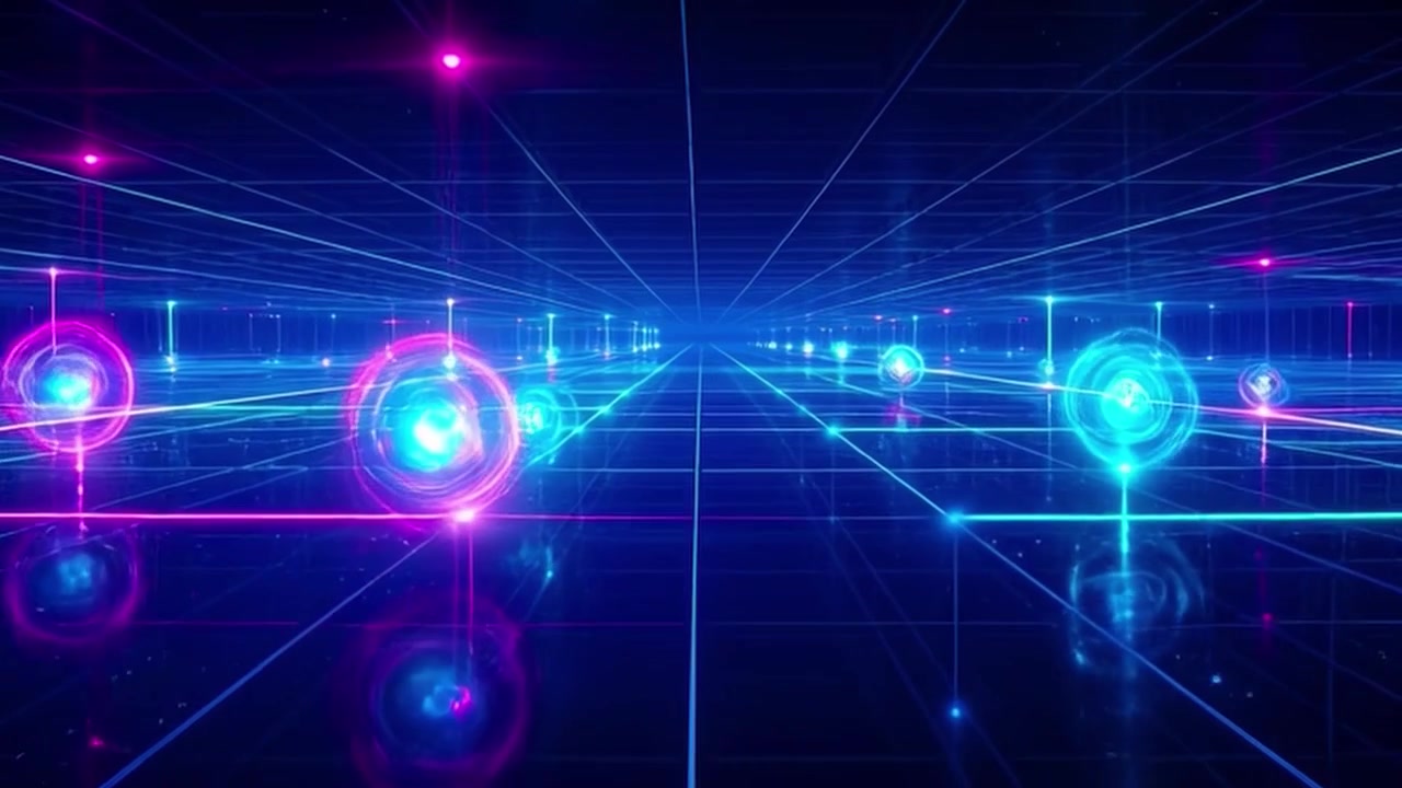 Abstract Digital Grid with Glowing Neon Spheres Moving Through Space