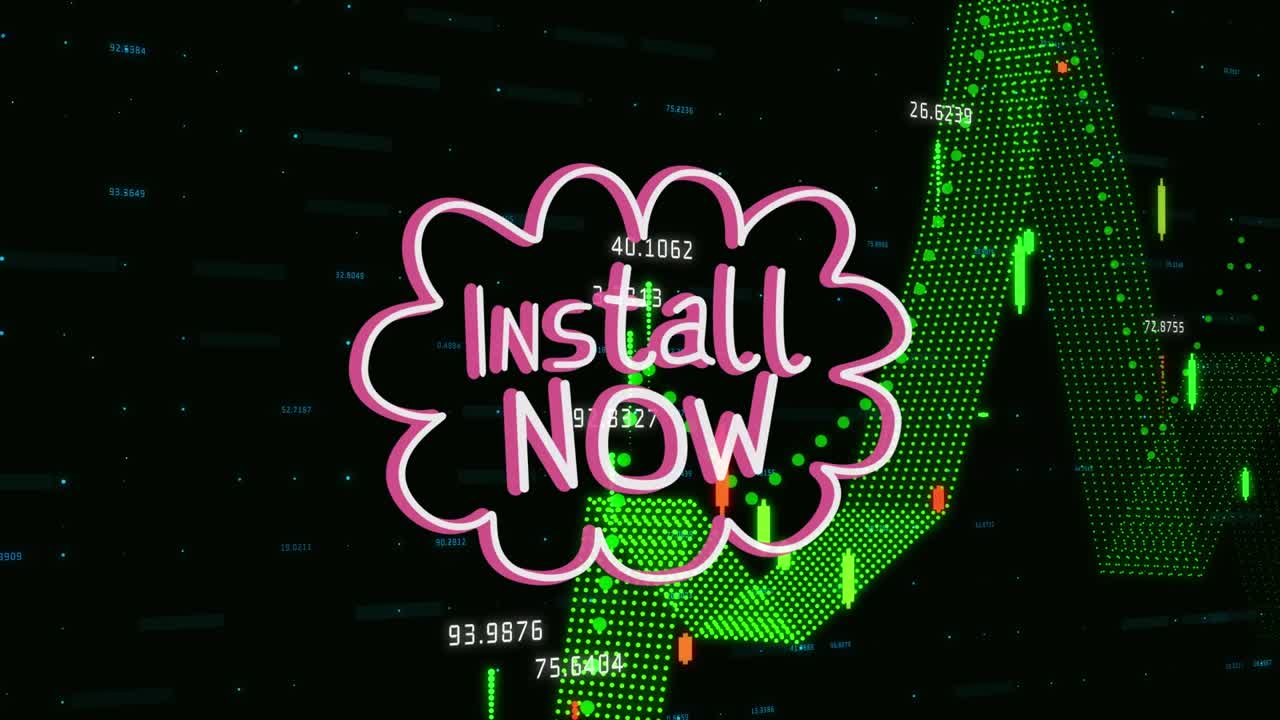 Animation of install now text and data processing on black background
