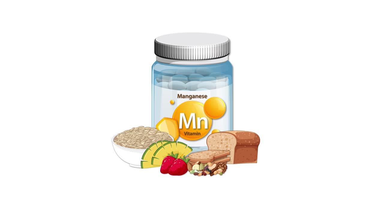 Manganese supplement bottle surrounded by grains, fruits, and nuts, animated on clean white background