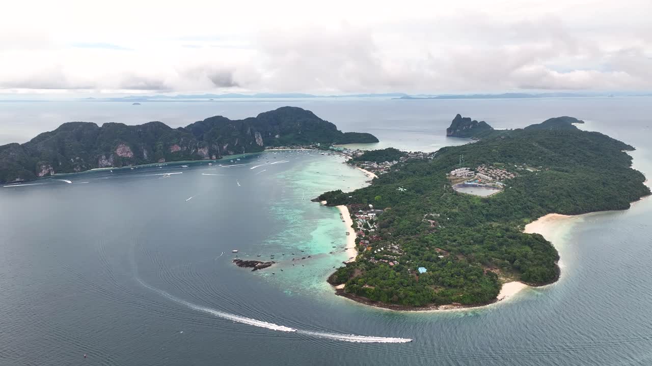 Koh Phi Phi Don Island aerial birds eye view, cloudy day in Thailand. Exotic destination