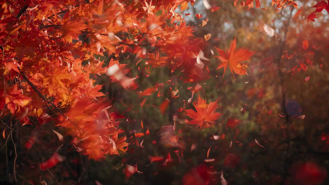 Puistossa kaartuva tuuli pudottaa vaahteran oranssinpunaisia lehtiä, bokeh-efekti, tilaa tekstille