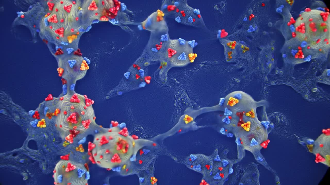 Exciting exploration of colorful cellular formations showcasing various interactions under a microscope in a laboratory. Observe the striking details of unique biological processes that unfold.