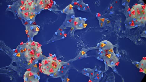 exciting exploration of colorful cellular formations showcasing various interactions under a microscope in a laboratory. observe the striking details of unique biological processes that unfold.