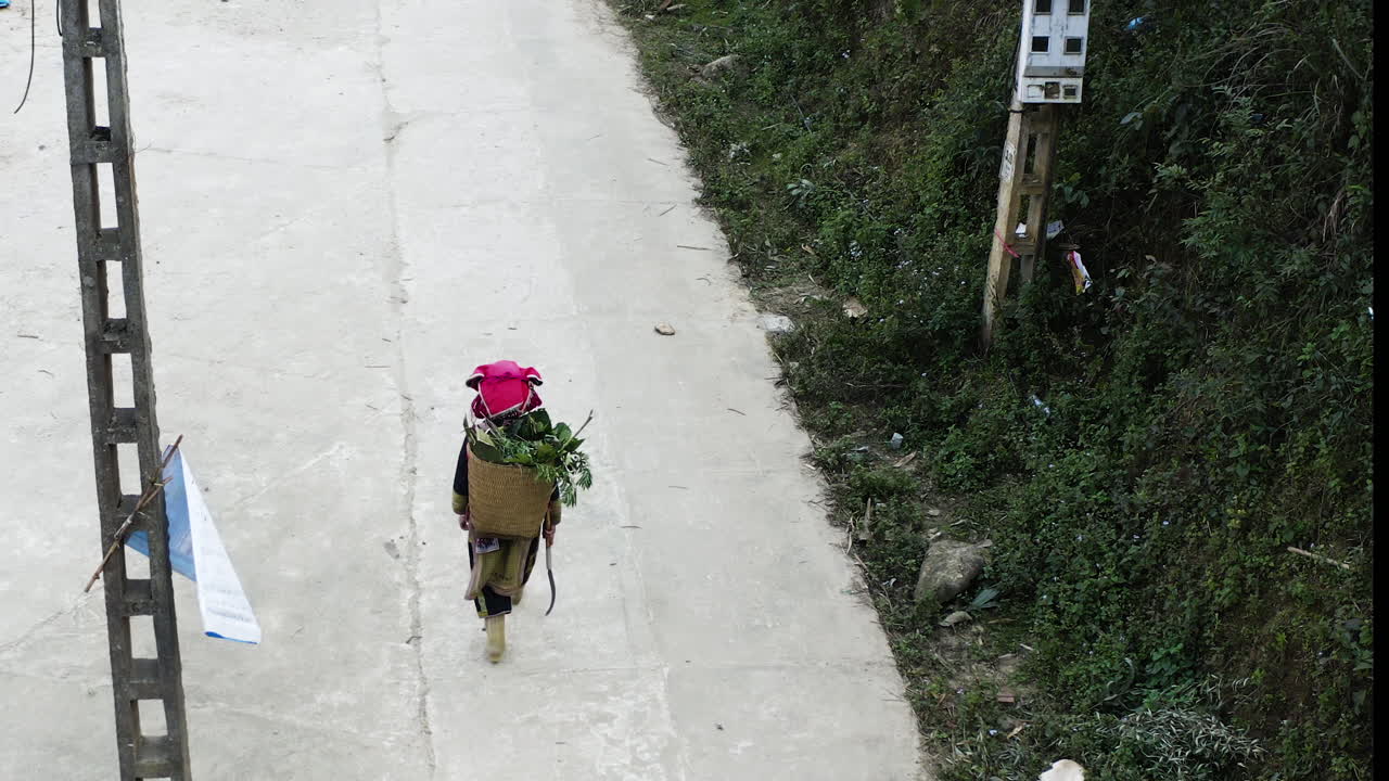 A woman walks along a path, carrying a backpack filled with various herbs she foraged. The activity highlights her connection with nature and traditional practices in herbal collection.