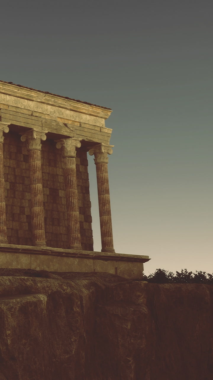 Ancient temple stands majestically against the evening sky in serene landscape