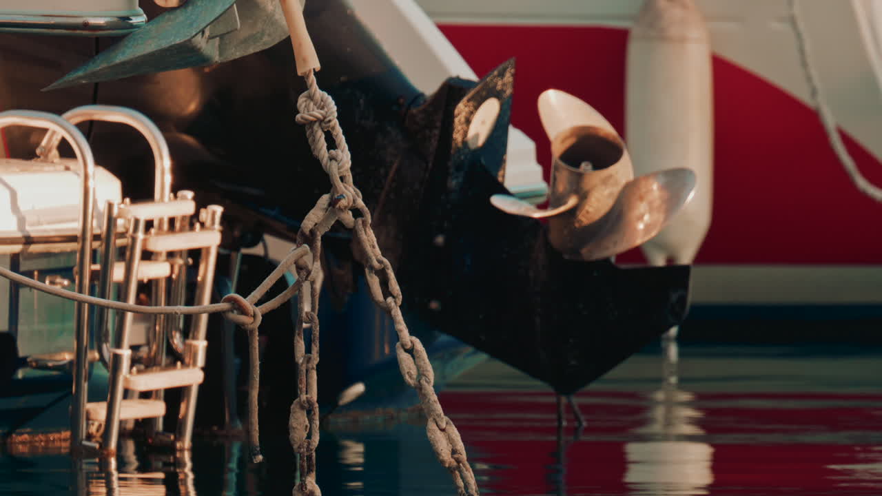 Cinematic shot of a boat propeller near a red hull, reflecting vibrant colors on the water surface