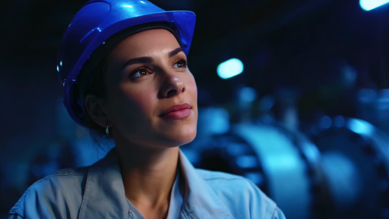 A contemplative moment captured in an industrial setting, showcasing a young woman wearing a safety helmet, deep in thought about her work environment and future possibilities, surrounded by machinery and soft blue lighting