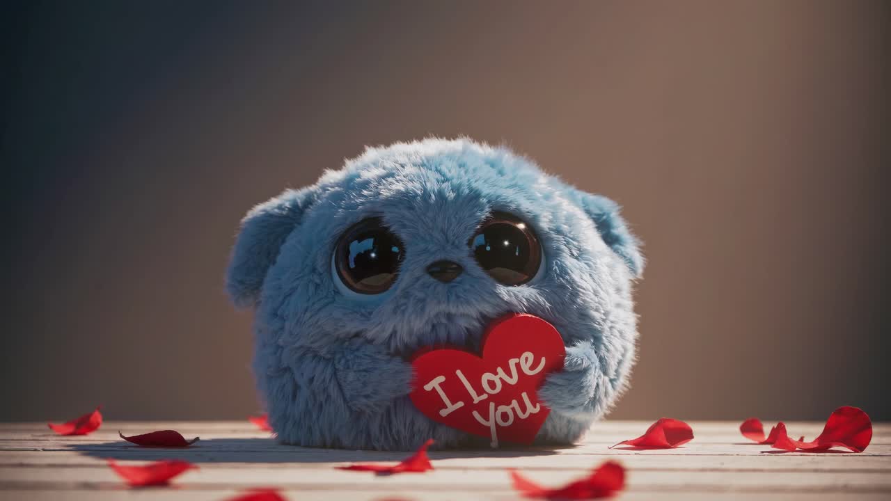adorable criatura azul esponjosa de peluche sosteniendo amorosamente un corazón rojo con el mensaje romántico "te quiero", anidado entre delicados pétalos de rosa en una superficie de madera rústica