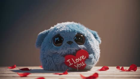 adorable blue fluffy plush creature lovingly holding red heart with romantic i love you message, nestled among delicate rose petals on rustic wooden surface