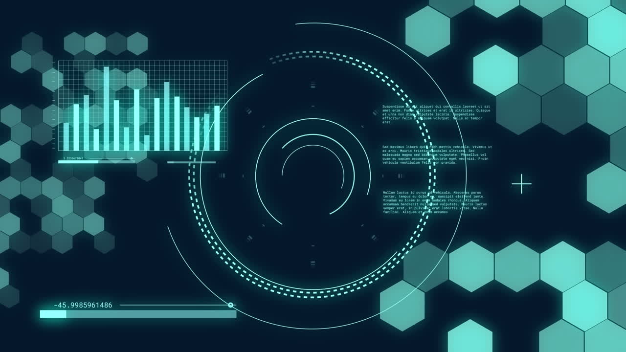 Animation of scopes and computer data processing over dark background