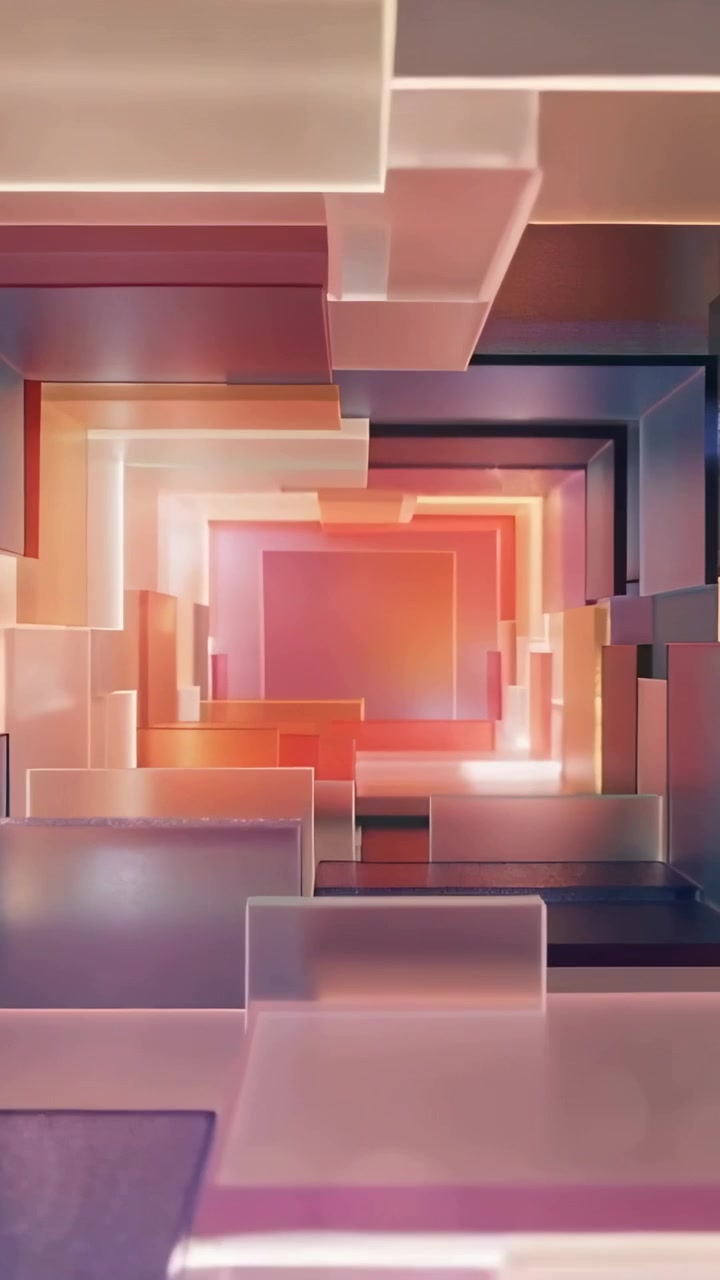 Video verticale: Telecamera in movimento che spinge lastre al neon scorrevoli, che si spostano in un tunnel in CG, mostrando un nucleo illuminato.