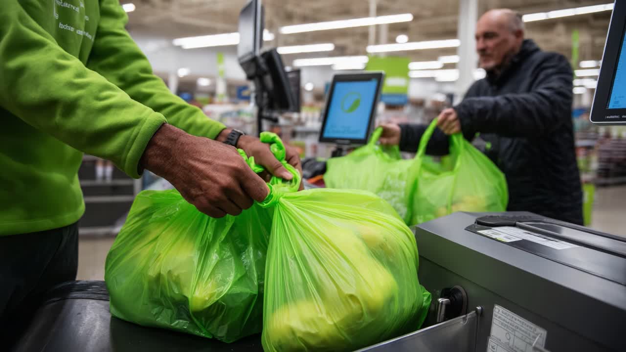 A busy grocery checkout scene featuring a cashier assisting a customer with several vibrant green bags filled with fresh produce, highlighting the interaction during shopping