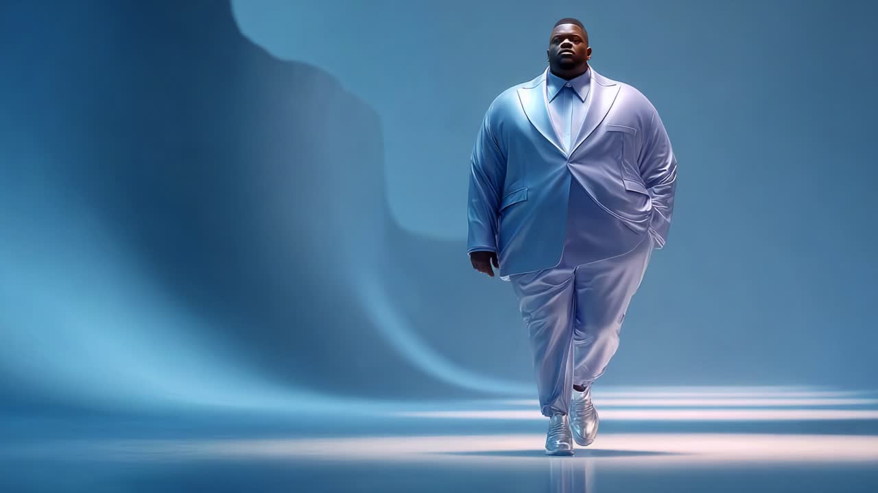 A Stylish Journey: A Confident Individual in a Tailored Blue Suit Walks Through an Ethereal, Soft-lit Ambiance, Exemplifying Modern Elegance and Unique Fashion Sense