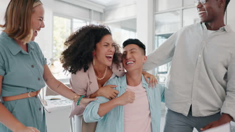happy, hug or business people smile for company