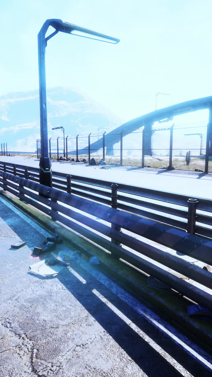 포스트 아포칼립스 도시에서 다리로 이어지는 황폐한 미래의 도로