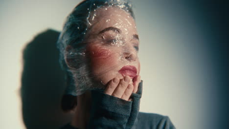 woman with plastic wrap on face