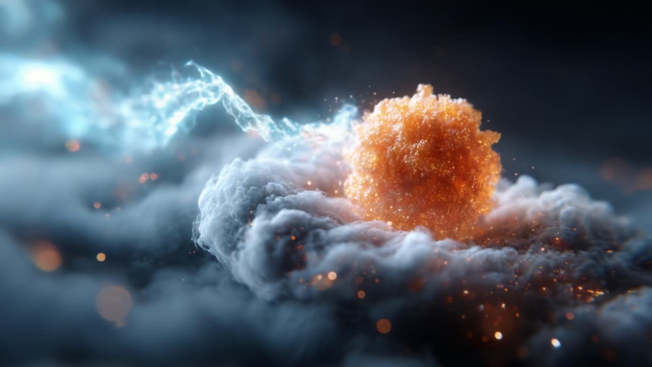 A Vibrant Explosion of Energy and Light in a Cloudy Atmosphere, Showcasing a Luminous Orb Surrounded by Dynamic Particles and Electric Currents