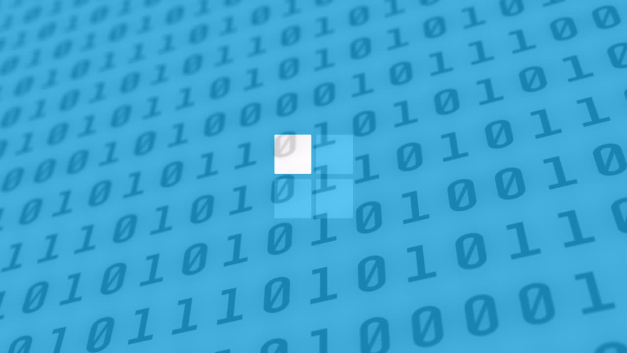 Animation of squares loading and binary coding data processing over blue background
